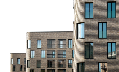 Modern contemporary city architecture of multi-storey buildings isolated on white background.