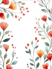 simple watercolor background with some flowers and branches of leaves white background