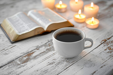 A cup of coffee and a book on a table with candles