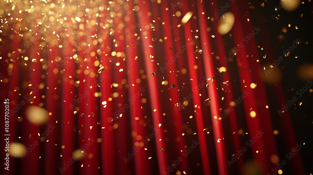 Poster a red curtain that is probably used in the theater or on stage. golden sequins or confetti float in 