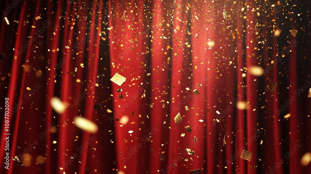 Aufkleber a red curtain that is probably used in the theater or on stage. golden sequins or confetti float in 