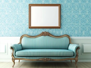 Elegant Teal Striped Sofa with Ornate Gold Frame
