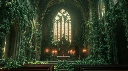 Fototapeta premium Overgrown Gothic cathedral with lush greenery and ornate architectural details