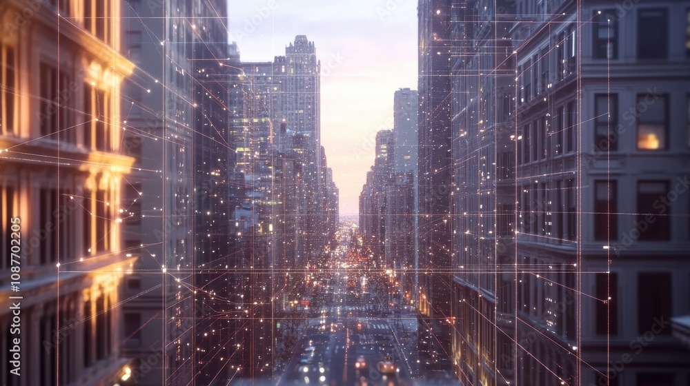 Aufkleber the modern cityscape showcases buildings linked by an ai network, illuminated by the warm hues of a 
