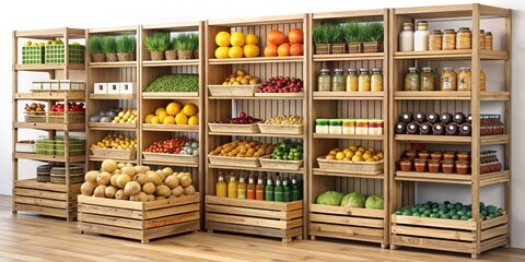 Fototapeta premium Wooden Shelf Produce Grocery Store Display 3D Render, Fruits, Vegetables, Jars, Composition, Organic, Healthy Food Organic Food