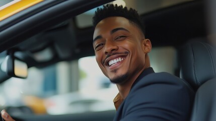 Obraz premium Happy Man Driving a New Car - Portrait of a Smiling Driver