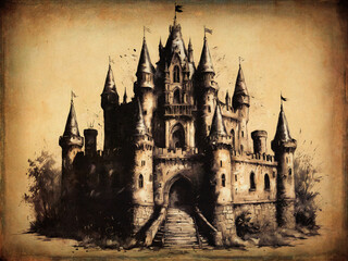 Ein beeindruckendes Burgenmodell mit T&uuml;rmen und Flaggen, umgeben von Natur, im Stil eines alten Gem&auml;lde