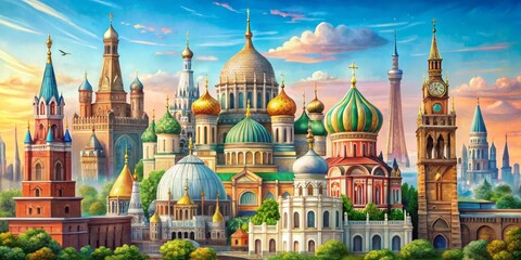 Obraz premium Sunset Panorama A Digital Painting of Famous World Architecture, Digital art, architecture, cityscape ,world architecture, global landmarks