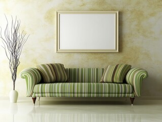 Green Striped Sofa With Frame And Plant In Room