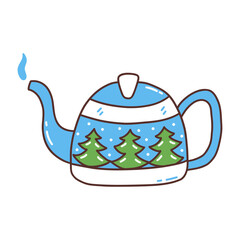 Cute blue teapot with print of Christmas trees and falling snow. Hot tea. Steam comes out of the spout. Winter cozy season. Colorful vector isolated illustration hand drawn. Icon clip art or card