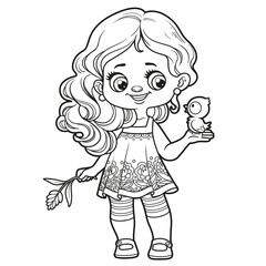 Cute cartoon long haired girl holding a chicken in palm coloring page on white background