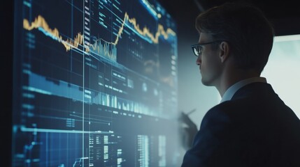 Businessman Analyzing Financial Data on a Large Screen