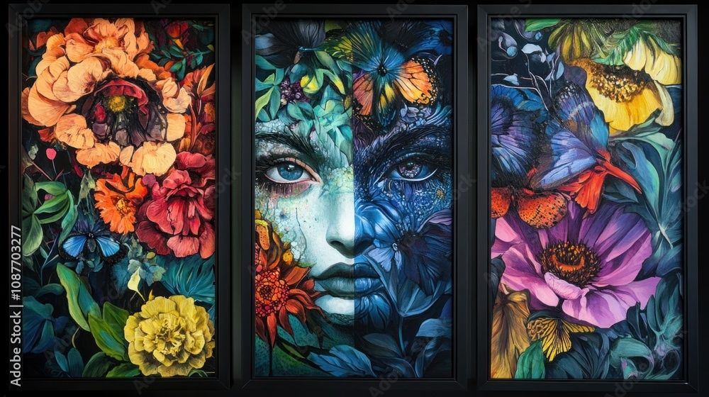 Wall mural A colorful triptych featuring floral designs and a woman's face.