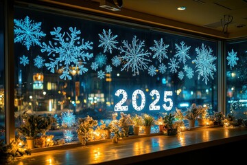 Holiday Party Decorations. Festive New Year 2025 window decorations with glowing snowflakes and warm lights, cozy winter holiday ambiance for Christmas celebrations, seasonal party backdrop, night ci