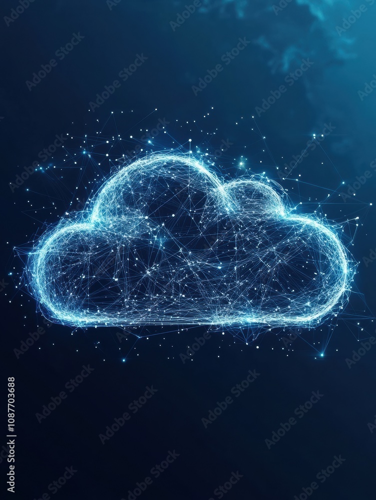 Leinwandbilder A digital cloud icon highlighted by glowing lines and dots, symbolizing data storage and connectivity in a technological environment. Generative AI