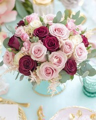 Obraz premium Elegant flatlay of pink and burgundy roses with light blue stationery and golden accents on a stylish table