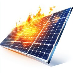 Burning solar panel, isolated on white background