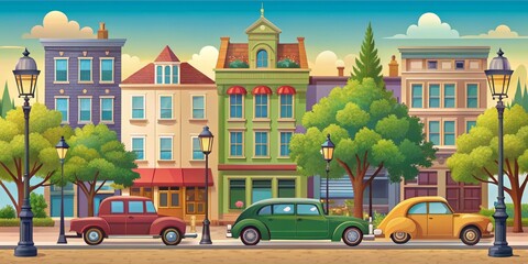 Charming Vintage Cityscape Classic Cars, Colorful Buildings, Vector Illustration, City Street Scene Cityscape, Vintage Cars