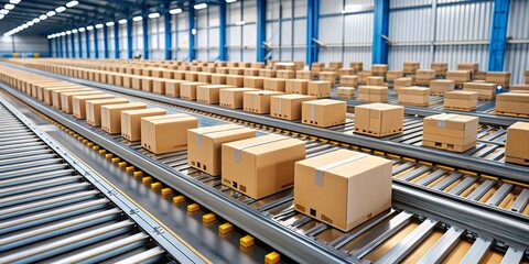 Automated Cardboard Box Conveyor System Warehouse Logistics, 3D Render, Industrial Efficiency, Packaging, Supply Chain Logistics, E-commerce