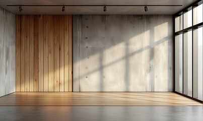 Empty room interior background, concrete wall and wooden paneling. 3d rendering, Generative AI