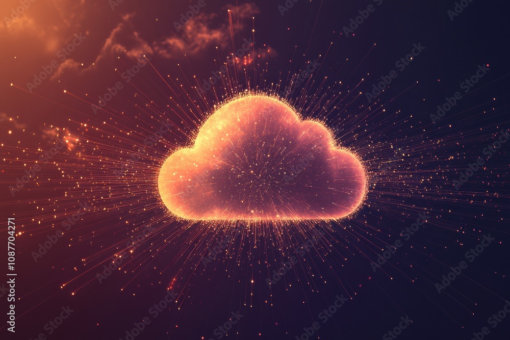 Aufkleber a glowing cloud icon surrounded by radiant particles in a dark cosmic setting symbolizes connectivit