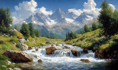 Beautiful mountain waterfall painting landscape scenery
