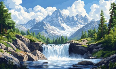 Beautiful mountain waterfall painting landscape scenery
