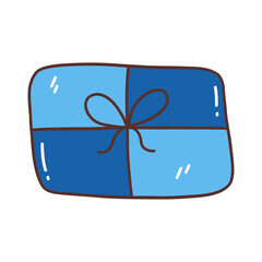 Cute festive simple blue gift box with bow. Merry Christmas and Happy New Year. Happy Birthday. Colorful vector isolated card or postcard illustration hand drawn doodle. Holiday minimalistic present