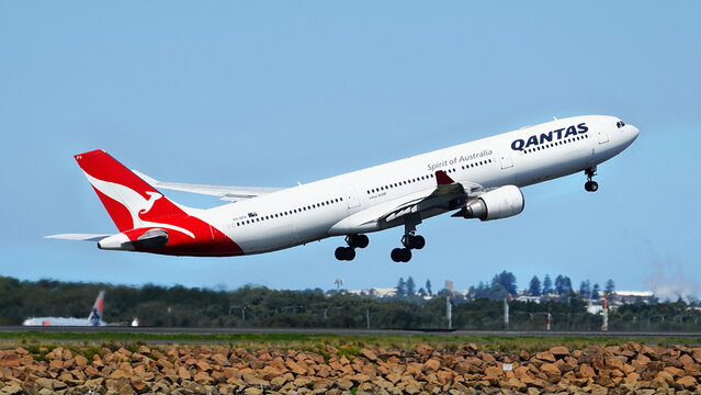 Qantas Australia airplane Airbus A330 takeoff from Sydney Airport. Qantas Airways