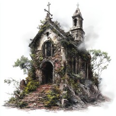 Mysterious abandoned chapel surrounded by overgrown greenery, isolated on a white background.
