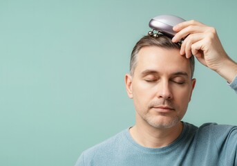 Relaxed middle-aged man using electric head massager, enjoying a moment of self-care and stress relief