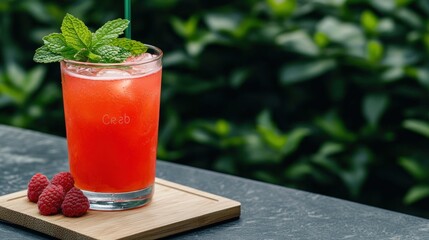 Fototapeta premium A refreshing red cocktail garnished with mint, served with raspberries, set against a lush green background.