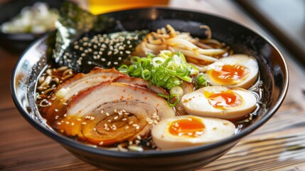 A hearty bowl of ramen with tender pork belly, soft-boiled egg