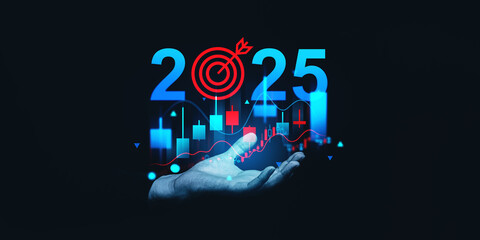 Obraz premium 2025 business strategy concept with digital charts and goal target symbol over a hand on dark background.
