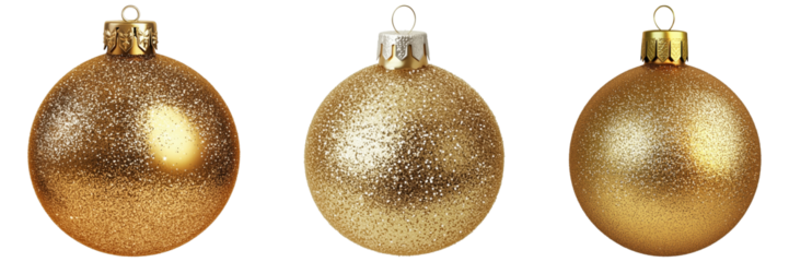 Collection of 3 golden christmas ornaments isolated on transparent background