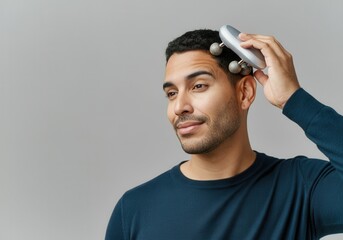 Young latino man enjoying a relaxing head massage with a scalp massager, promoting stress relief and wellness