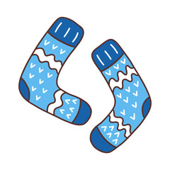 Warm cozy knitted winter blue socks. Comfortable clothes for cold weather. Winter season. Colorful isolated vector illustration hand drawn doodle. Card or icon, design element contour. Christmas vibe