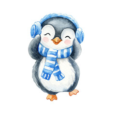 Cartoon penguin in a scarf and headphones. Watercolor illustration isolated on white background