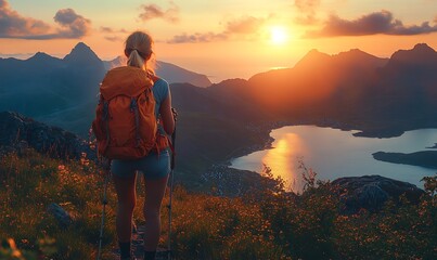 Successful woman backpacker hiking on sunset alpine mountain top
