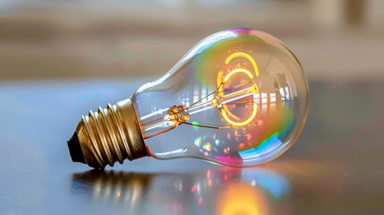 Vintage light bulb with glowing filament showcasing colorful reflections on a smooth surface, perfect for creative projects and modern home decor inspiration