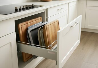 Wooden cutting boards and baking trays are neatly arranged in an opened drawer under a ceramic hob in a contemporary, white kitchen
