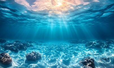 underwater, sunlight, ocean, clear water, sun rays, caustics, sea bed, tranquility
