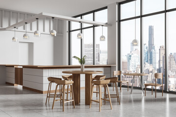 Stylish cafe interior with wooden furniture, large windows overlooking cityscape. Minimalist design, bright ambiance. 3D Rendering