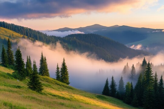 Early morning light filters through mist in a serene mountain landscape filled with lush pine trees and gentle hills. Generative AI