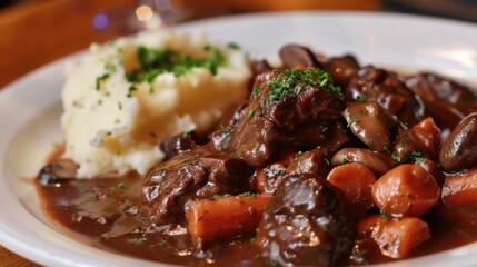 A hearty plate of beef bourguignon with tender beef chunks, carrots