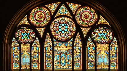 Vintage stained glass window with intricate details and soft colors, tall and glowing, realistic, and space for copy