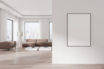 Modern living room with empty poster frame on white wall and city view in background. 3D Rendering