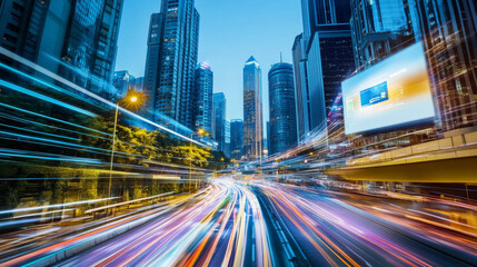 Fototapeta premium Vibrant cityscape with illuminated billboards and light trails