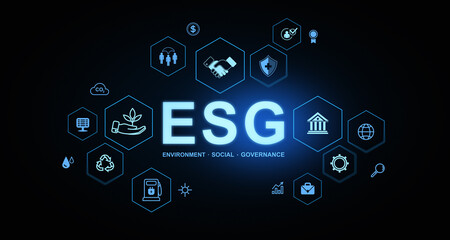 ESG concept with glowing icons representing environment, social, governance on dark background....