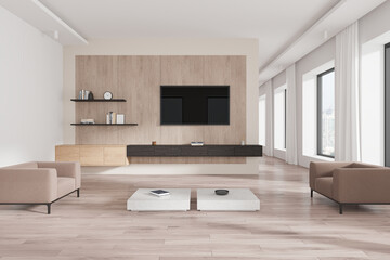 Modern living room with minimalist furniture and wooden accents in a bright, open space concept. 3D Rendering